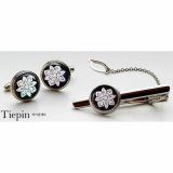 Mother of Pearl Tie Clip and Cufflinks Set Lotus Blossom